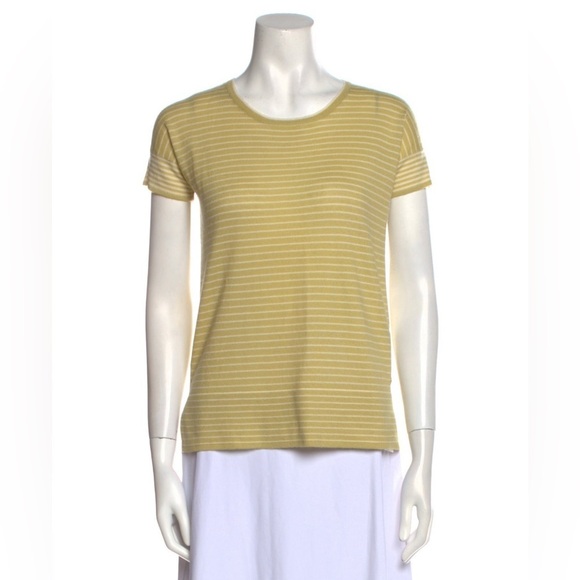 Loro Piana Chartreuse White Cashmere Striped Short Sleeve Crewneck T-Shirt EUC S - Picture 2 of 12